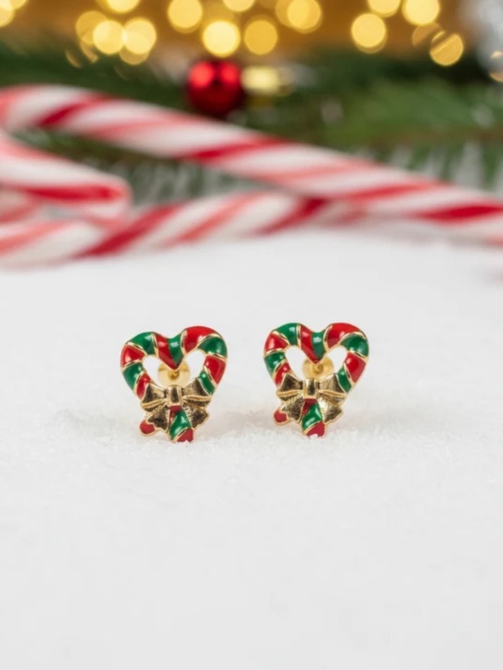 Holiday Candy Cane Heart Stud Earrings in Red & Green – Gold-Tone